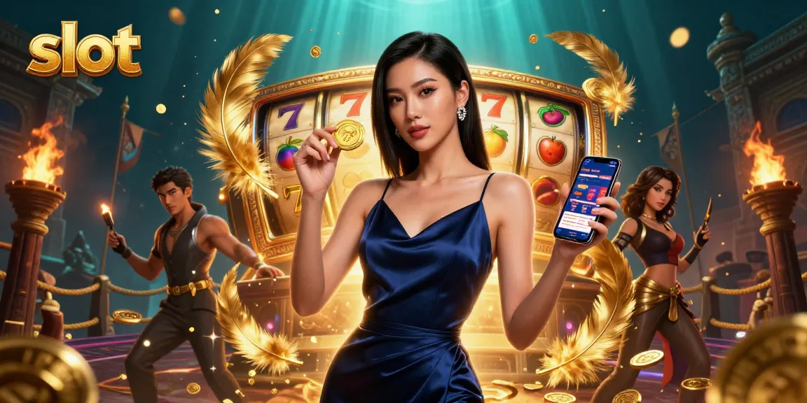 Play exciting slot games featuring golden coins and vibrant symbols in a dynamic casino scene.