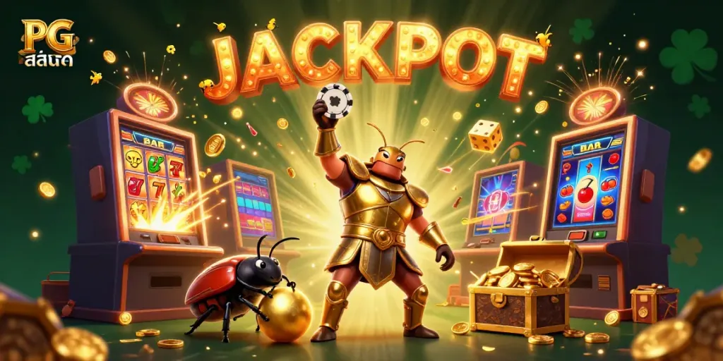 Experience a thrilling jackpot scene with PG สล็อต, featuring cartoon characters and dynamic slot elements.