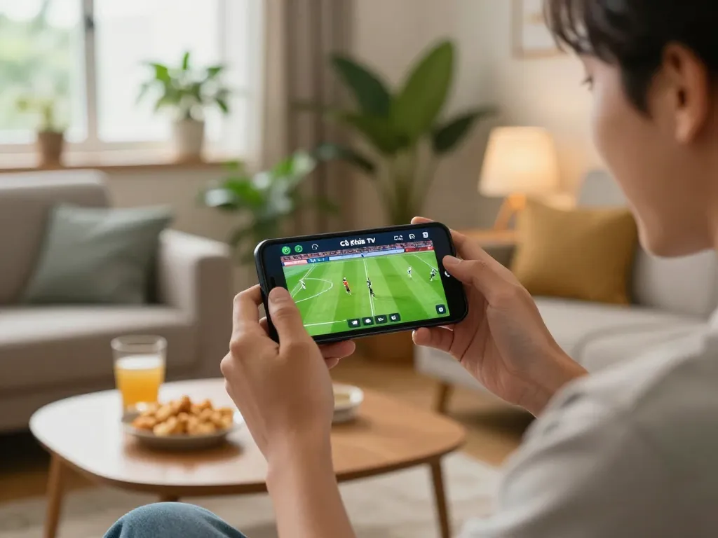 Cà Khịa TV app showcasing live football match on smartphone while enjoying a relaxing evening.