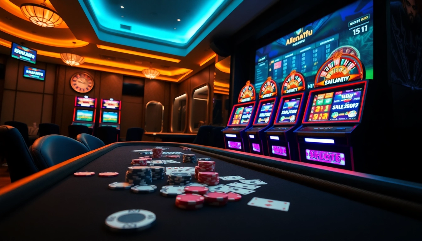 KTPJITU alternatif showing a vibrant online gambling scene with poker chips and slots.