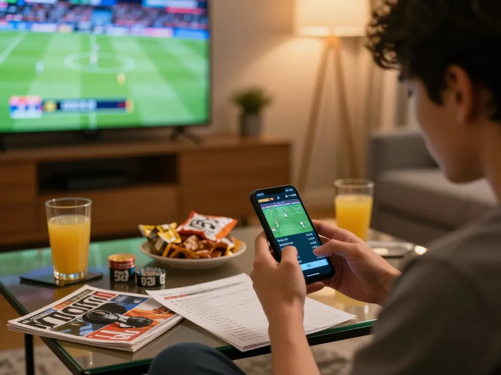 Savvy bettor analyzing soi keo nha cai on a smartphone during an exciting sports evening.