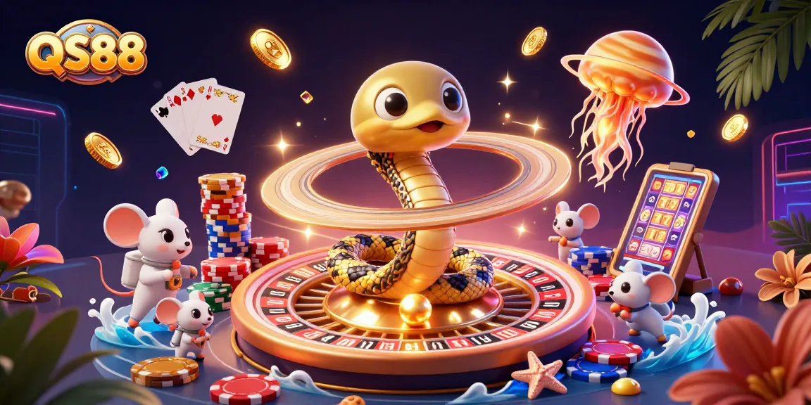 Place your bets with QS88 in this vibrant cosmic casino featuring snakes, astronauts, and jellyfish