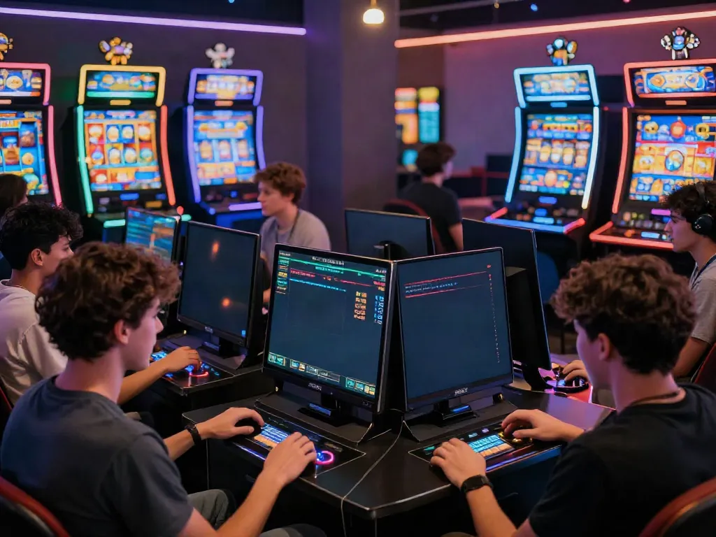 Players enjoying qqmacan's online slots with vibrant graphics and modern devices in a dynamic gaming environment.