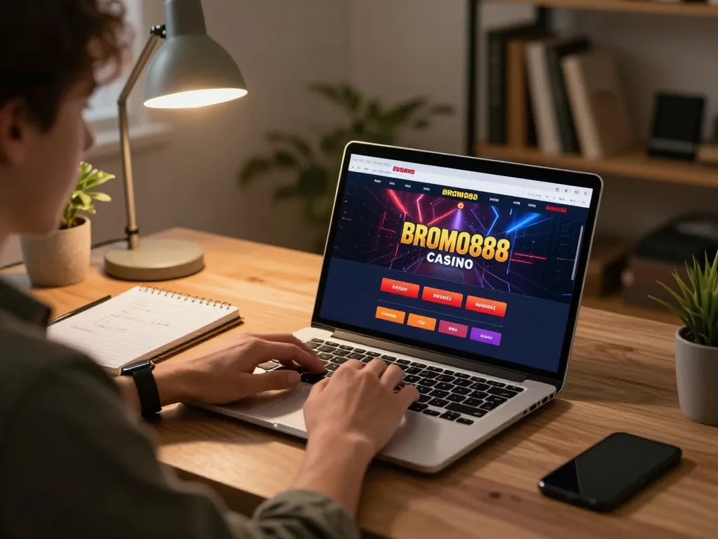 BROMO888 player analyzing gaming strategy on a laptop in a cozy home office.