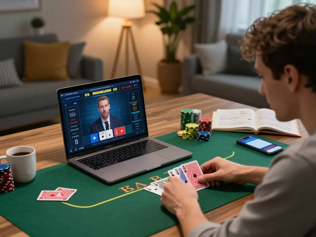 Engaged player analyzing cards during an online poker game with king33 app visible, showcasing strategic gaming.