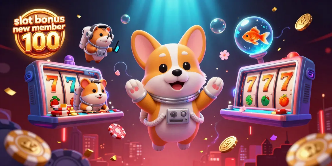 Engage with slot bonus new member 100 at a dynamic space casino featuring a floating corgi and luxurious game elements.