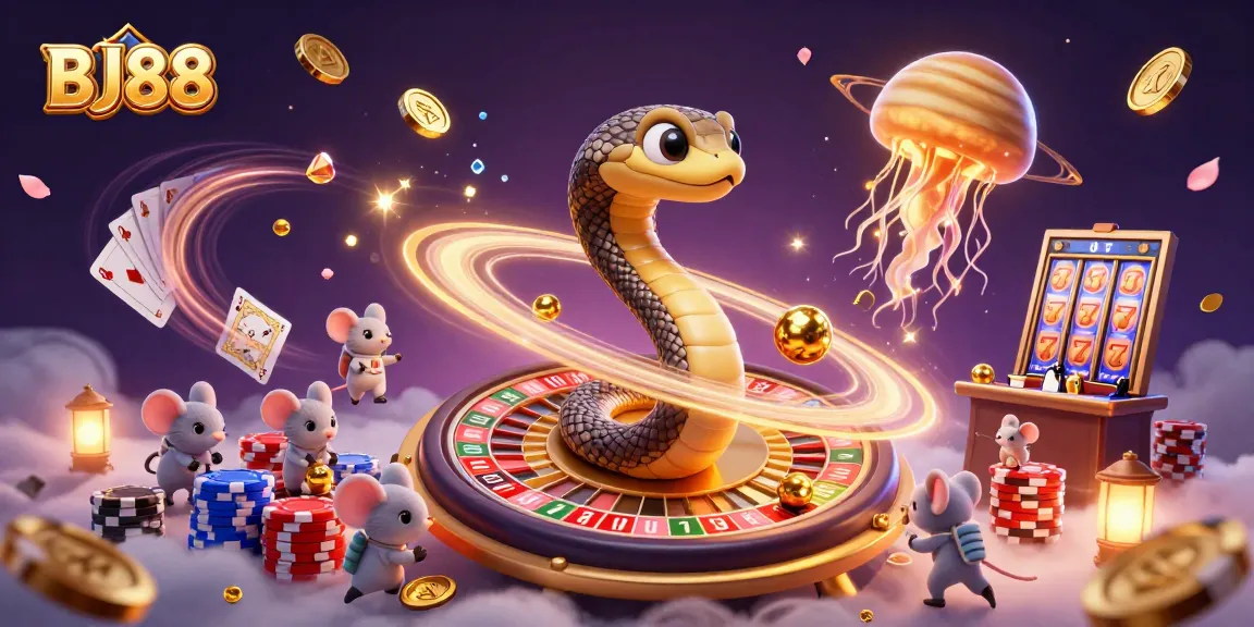 Experience thrilling games with BJ88 featuring a playful Saturn ring snake and cosmic dealer in a captivating casino scene.