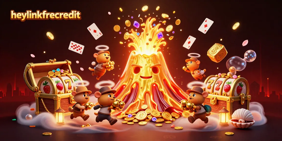 heylinkfreecredit showcases a dynamic 3D volcanic eruption filled with treasures and exciting slot elements!