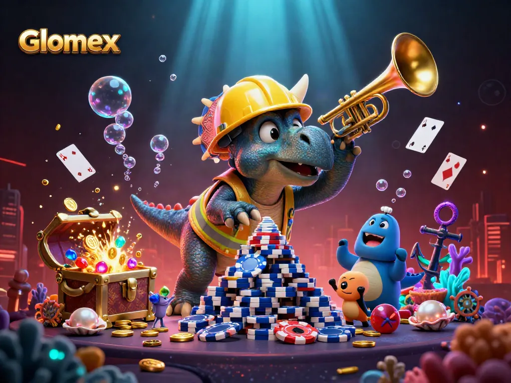 Glomex showcases a vibrant casino scene with animated dinosaurs celebrating amidst poker chips.