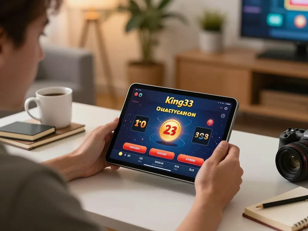 Playing king33 app on tablet during online gaming session at home, emphasizing strategy and comfort.