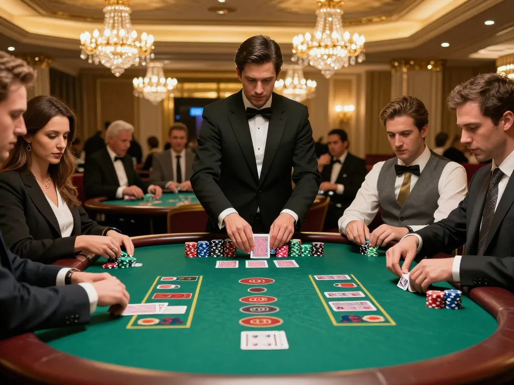 Players strategically placing bets at fly88's luxurious baccarat table illuminated by warm ambient lighting.