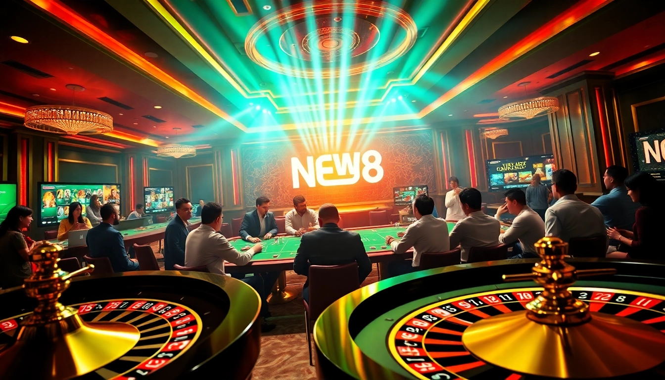 Experience the vibrant energy of New88's casino, where players engage in poker and roulette.