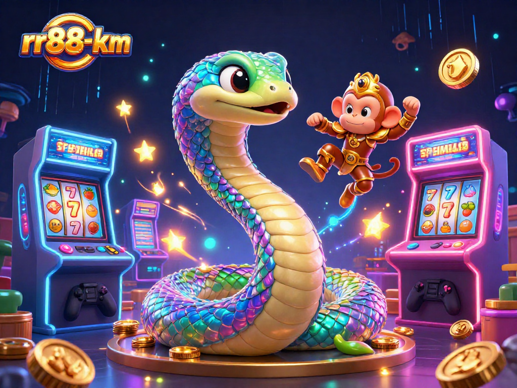 Engage with rr88-km's vibrant casino world, featuring a colorful rainbow serpent and arcade elements.