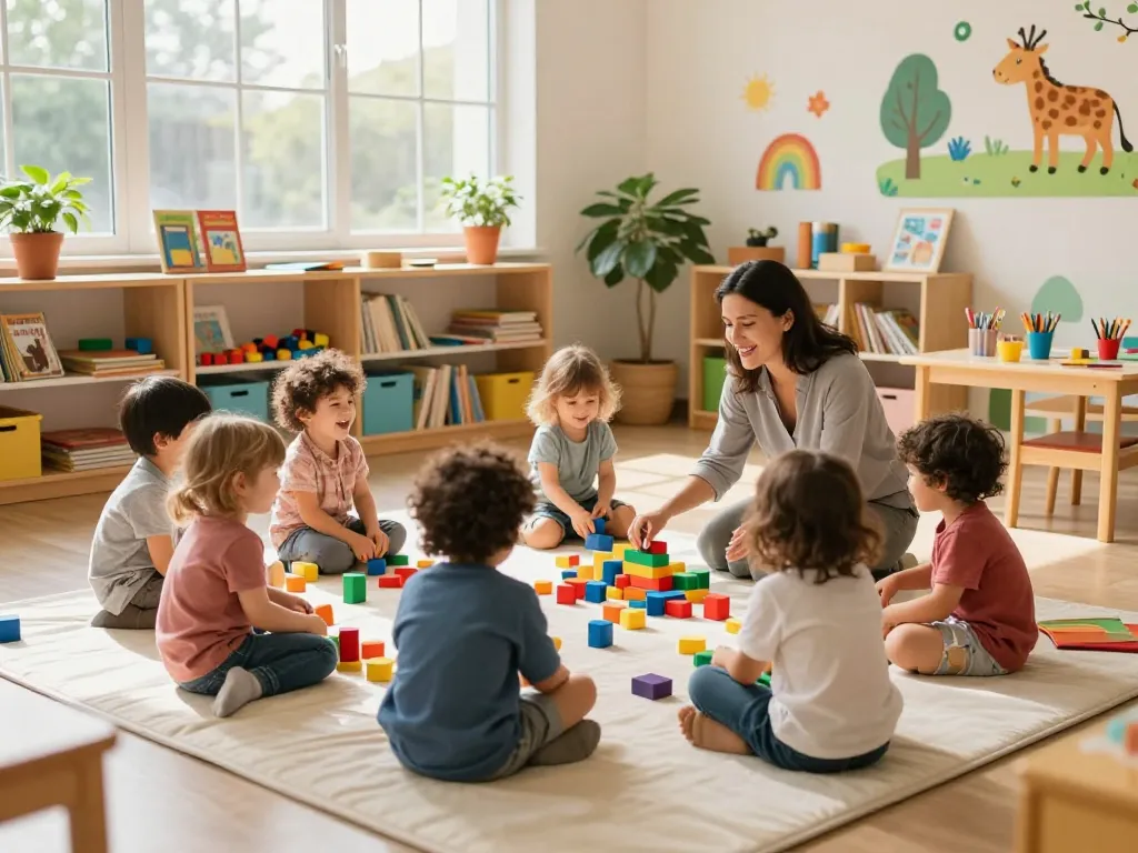 Children in a vibrant nursery environment playing creatively with panen178 educational toys.