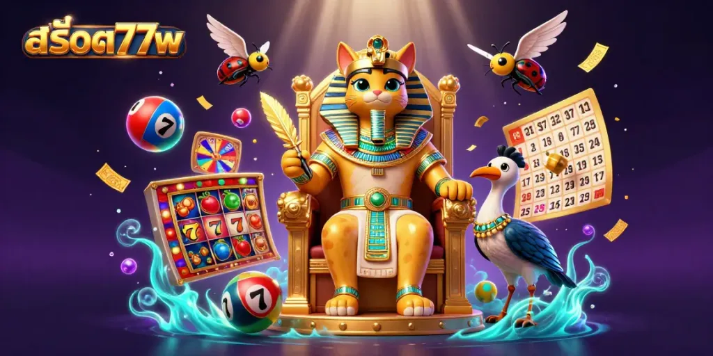 Experience the thrilling world of สล็อต77w with a vibrant 3D illustration capturing the excitement of casino games.