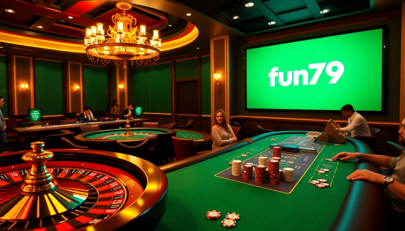Exciting casino scene showcasing fun79 logo with vibrant roulette and blackjack tables.