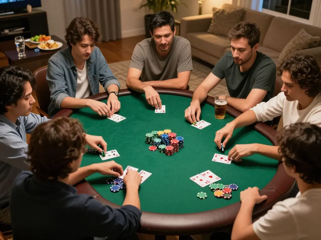 Engaged players in a poker game at home showcasing the social atmosphere, featuring 789club chính thức.