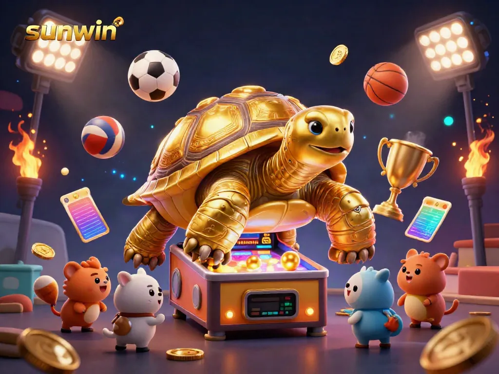 Experience the vibrant excitement of sunwin's casino dynamic with 3D golden tortoise and sports elements.