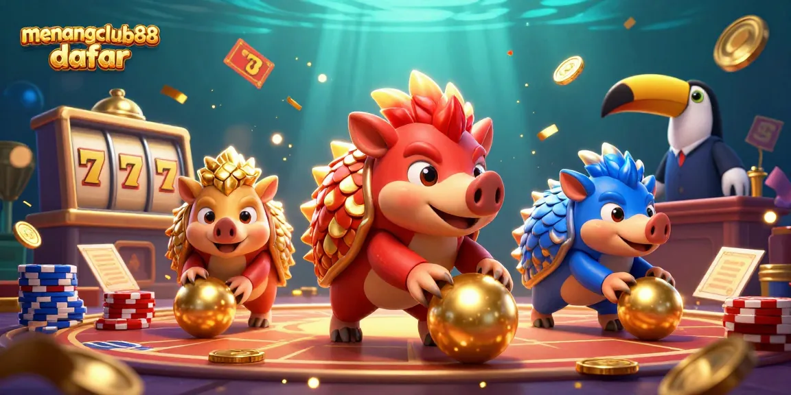 Engage in the thrilling experience at menangclub88 daftar with vibrant pangolins amid slot reels and gaming coins.