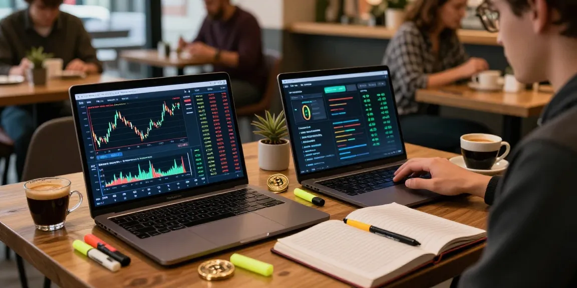 Cricbet user engaged in cryptocurrency trading and DeFi on laptops in a coffee shop.