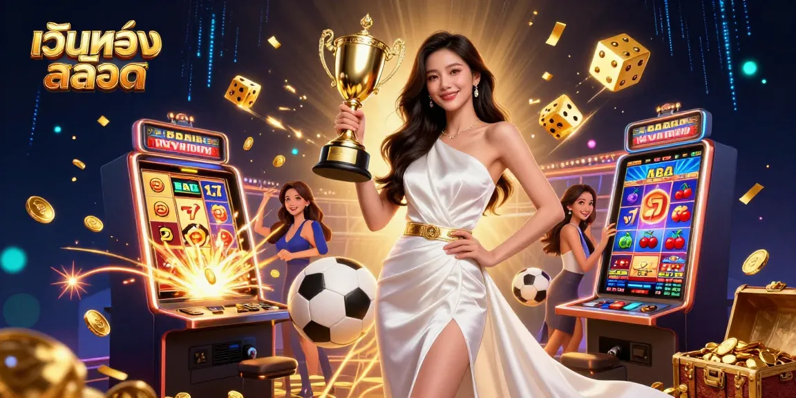 สัมผัสความตื่นเต้นของ เว็บตรงสล็อต กับหญิงสาวชาวเอเชียผู้ชนะที่ถือถ้วยรางวัลท่ามกลางบรรยากาศคาสิโนที่เต็มไปด้วยชีวิตชีวา