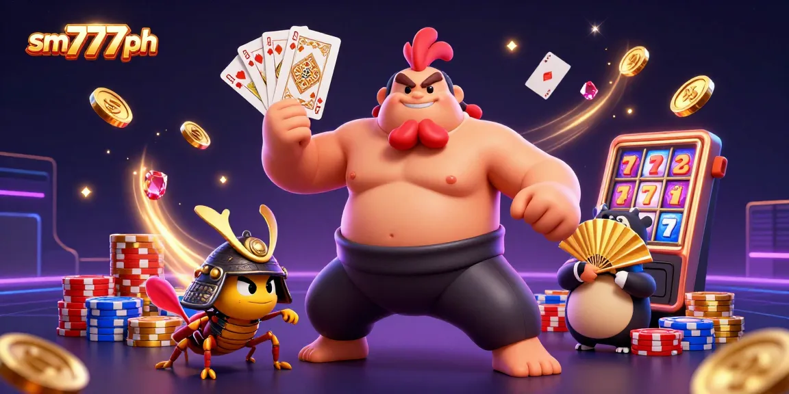 Experience the thrill at sm777ph with a powerful rooster, samurai cricket, and tanuki, amid spinning roulette and riches.