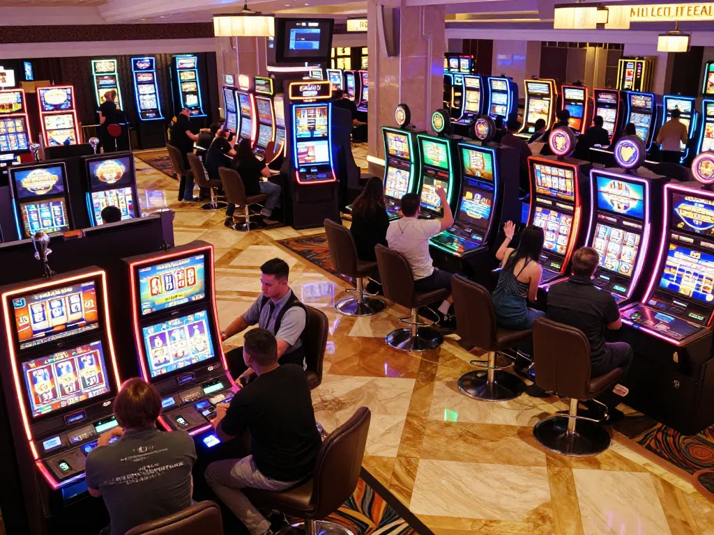 Situs slot gacor showcased in a lively casino environment with players engaged at various slot machines celebrating wins