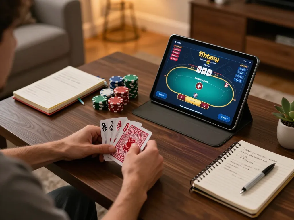 Playing an exciting phtaya poker game on a tablet while reviewing strategies at home.