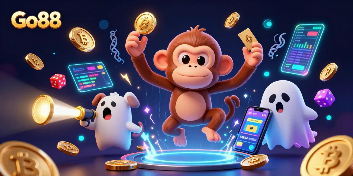 Go88 offers exciting gaming experiences as a jovial poltergeist monkey juggles coins in a haunted casino.