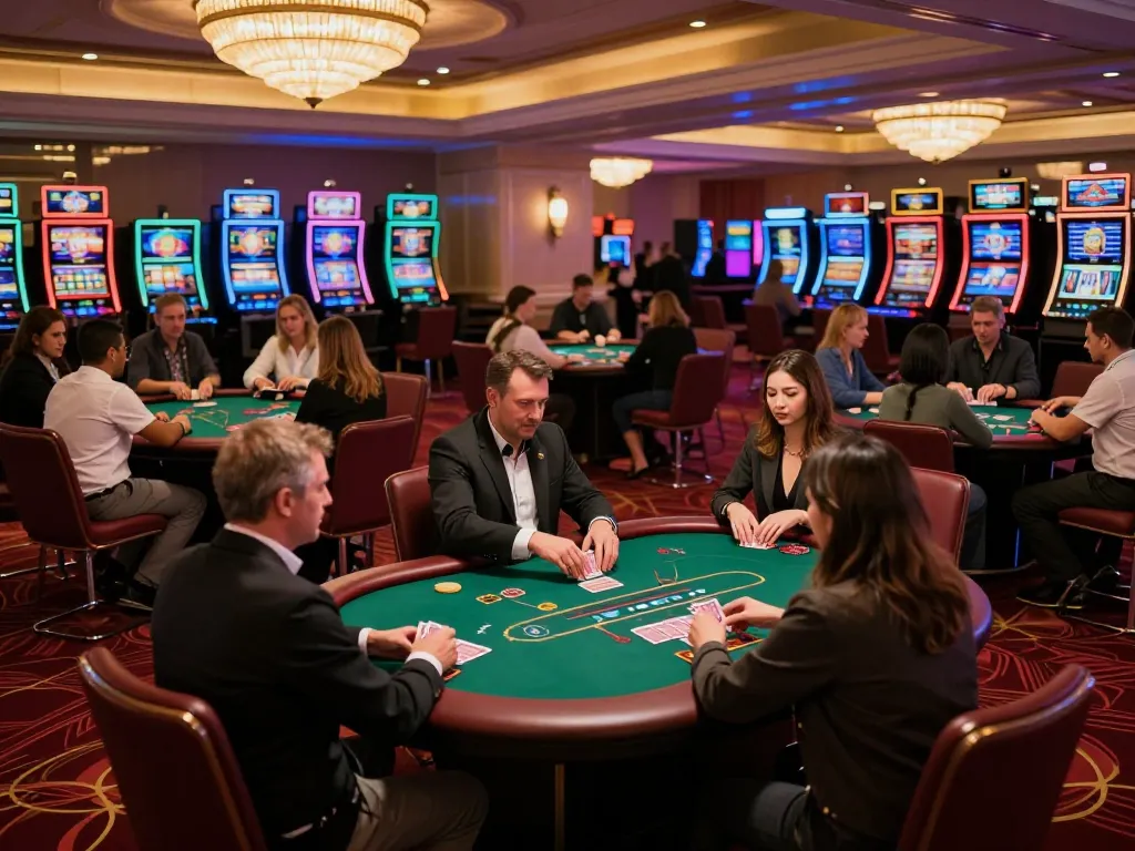 GO88 players at an upscale casino, engaging in intense poker games with vibrant atmosphere.