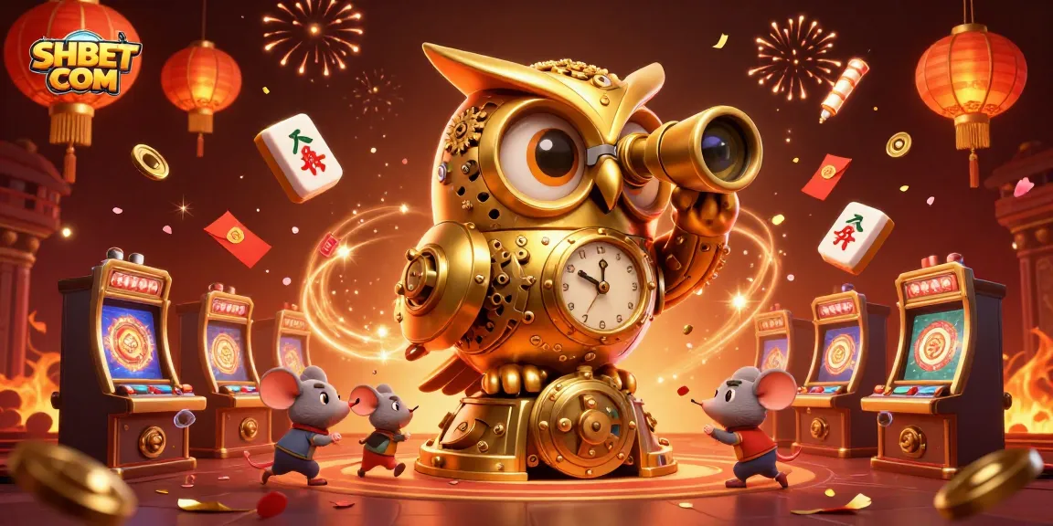 Experience winning at SHBET COM with an enchanting cartoon casino scene featuring a golden owl and lively games.
