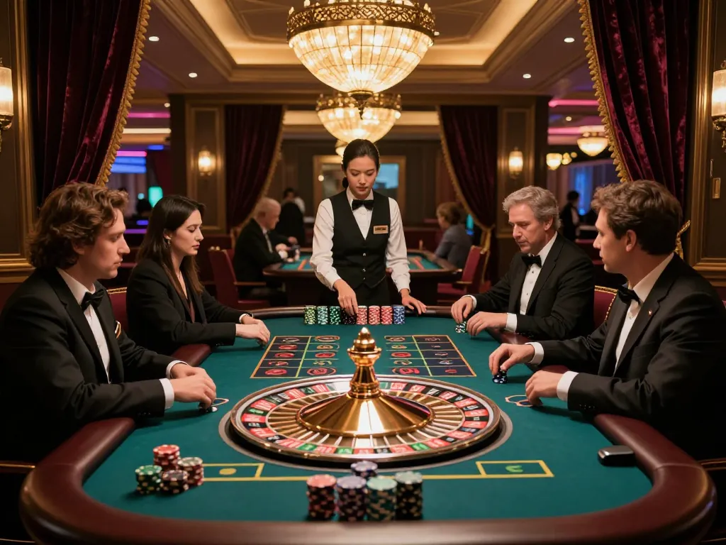 NHÀ CÁI F168 players engaging at a lively roulette table amidst elegant casino decor.