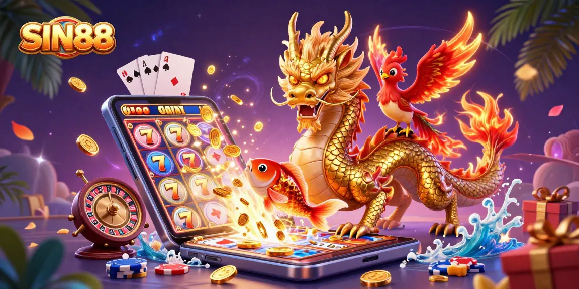 Experience thrilling entertainment with SIN88's vibrant casino-themed image featuring dragon and phoenix.