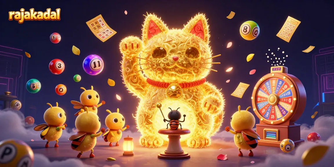 Menangkan permainan di rajakadal dengan keberuntungan kucing fortun, dikelilingi oleh bola lotere dan kartu bingo.