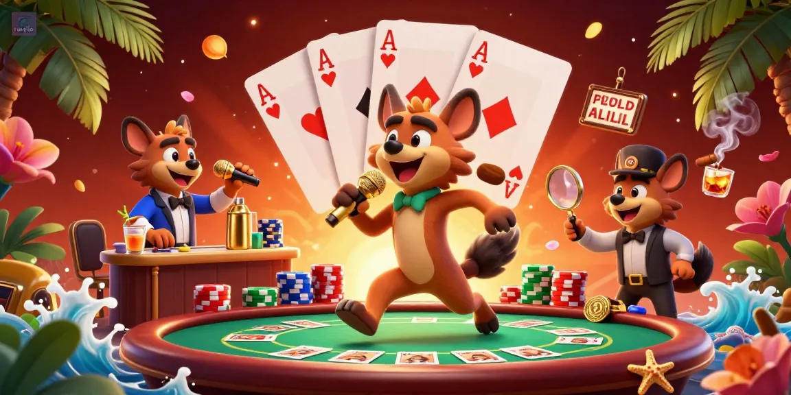 Join the fun at a lively casino scene where a hyena comedian captivates the audience with radio jokes.