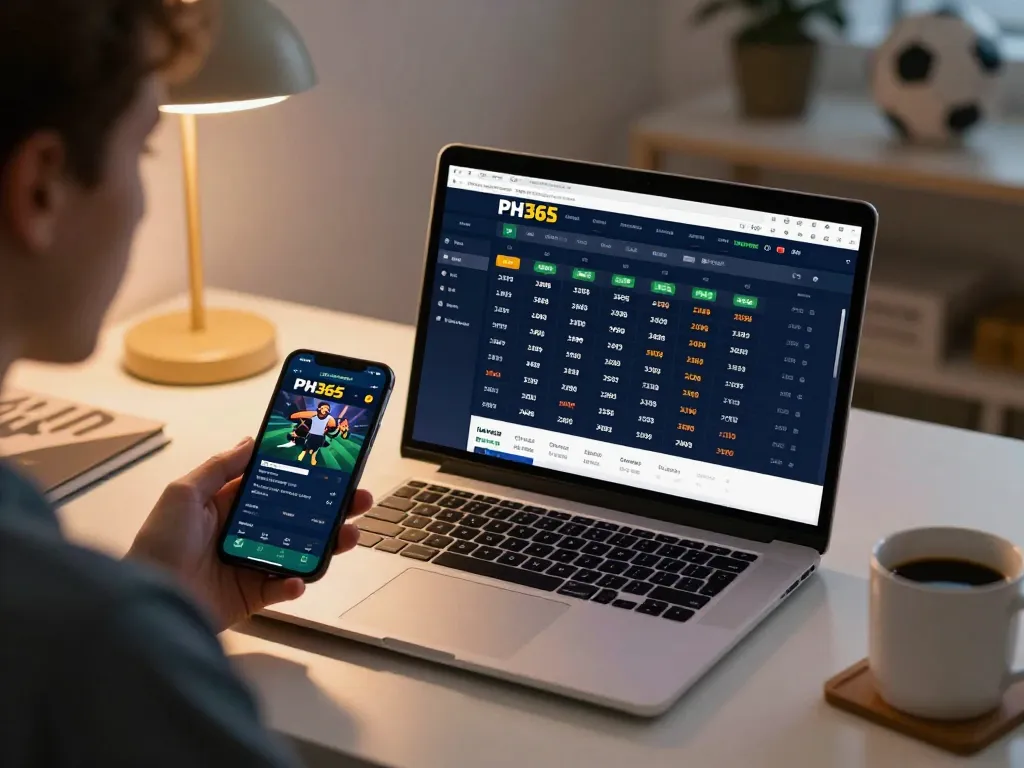 Dynamic online sports betting moment on PH365.cx with focused player reviewing betting options.