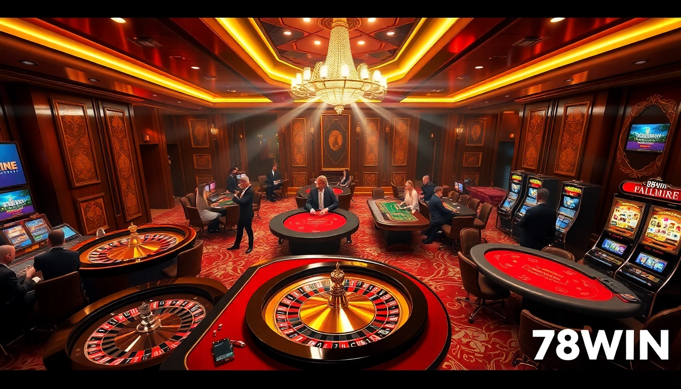 Experience the excitement of winning at 78WIN with a vibrant casino scene featuring roulette and poker.