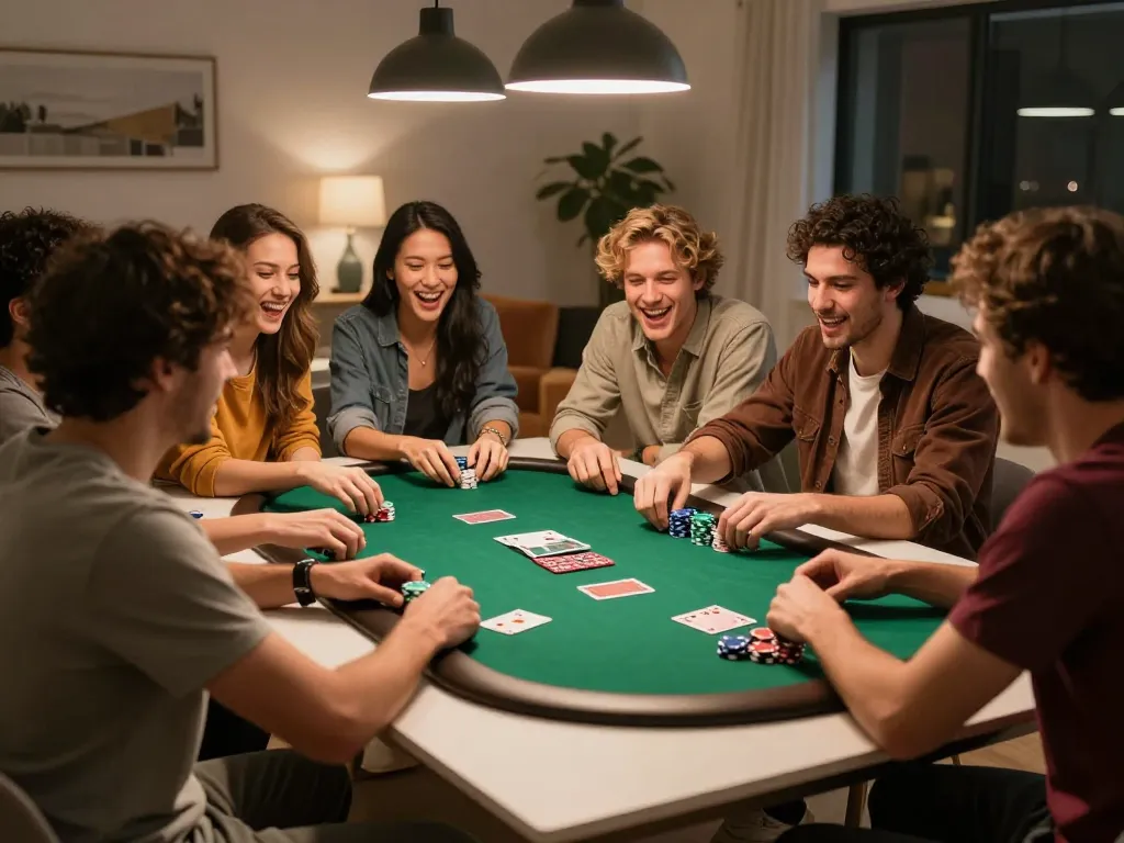Teman-teman menikmati malam poker di rumah yang penuh semangat, merencanakan strategi di sekitar kartu dan chip dengan penuh semangat, menampilkan permainan bertema bandar togel.