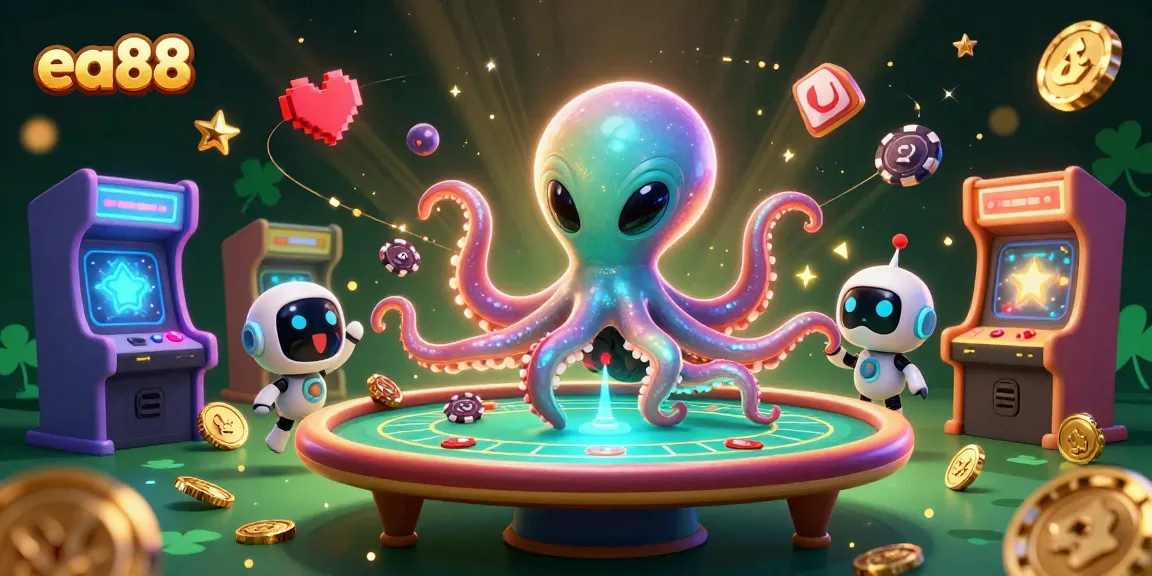 ea88 players engage with a dynamic scene of an alien octopus and robot at a poker table amidst vibrant arcade games