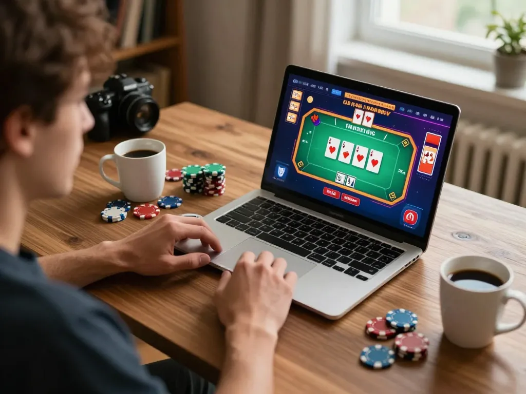 Player enjoying Rik vip poker online at home, showcasing chips and game interface.
