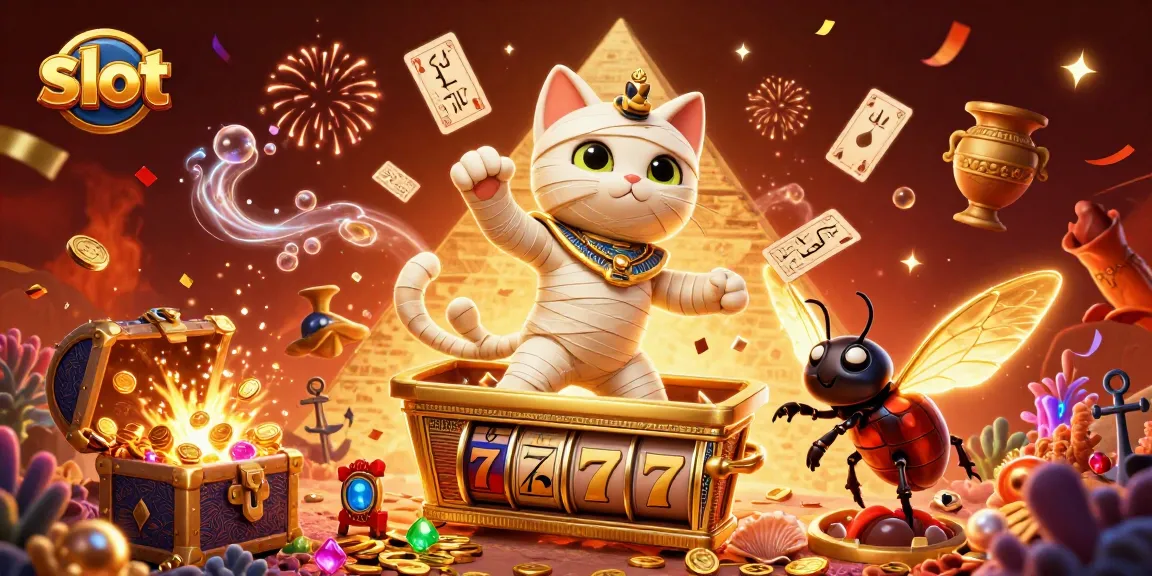 Experience slot excitement with an Egyptian mummy cat and glowing scarab beetle in a vibrant casino scene.