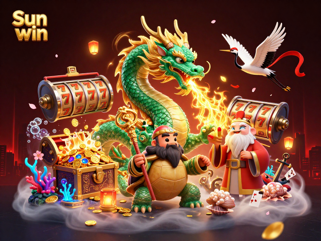 Experience the excitement of Sun win with vibrant 3D illustration of a jade dragon and lucky elements.