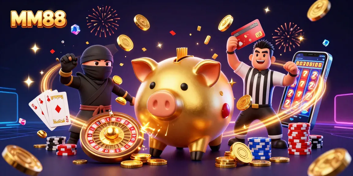 MM88's cartoon piggy bank sumo wrestler shakes coins in a vibrant casino scene.
