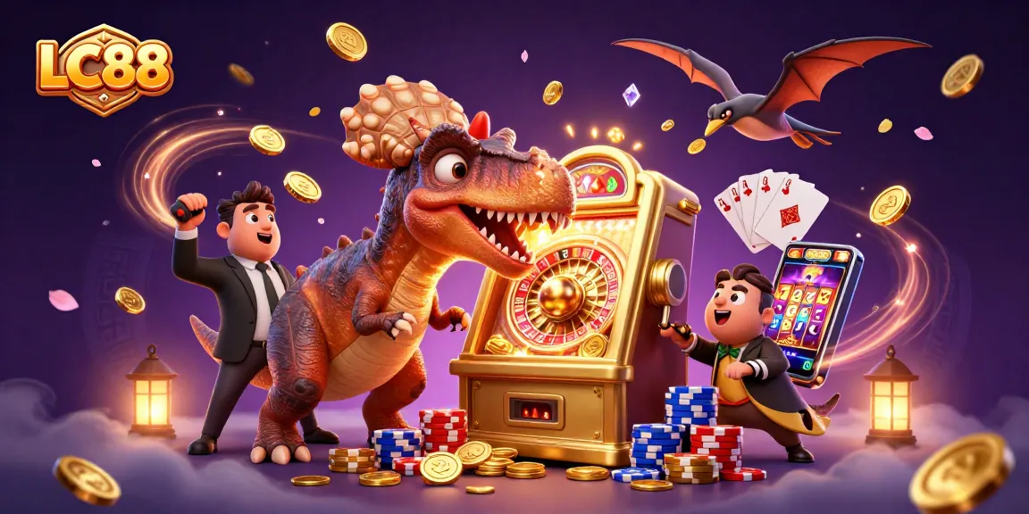 Experience the thrill at LC88 with an epic jackpot scene featuring dinosaurs in a lively casino atmosphere.