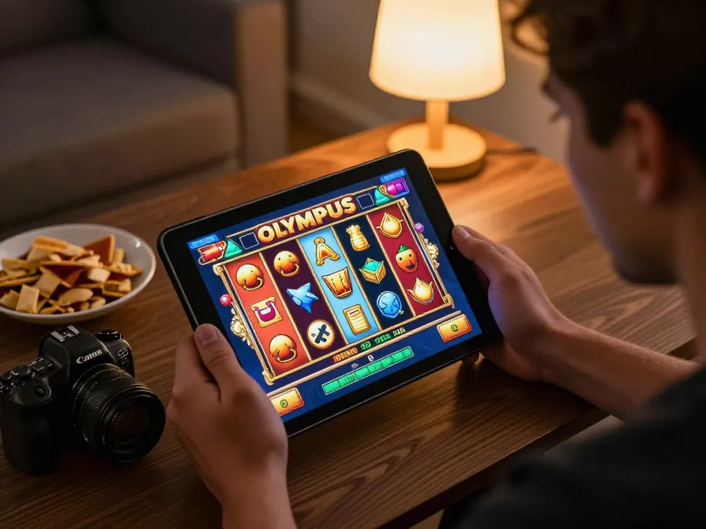 The player spins the olympus slot game on a tablet in a cozy home setting.