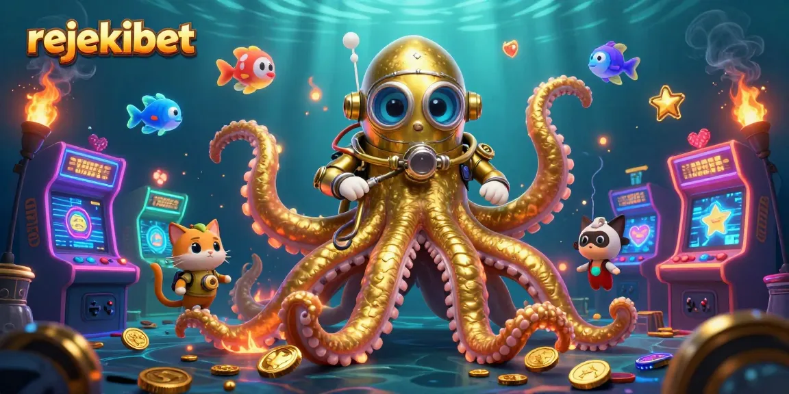 Experience thrilling gameplay with rejekibet, featuring a vibrant 3D kraken and diving cat amidst glowing casino elements.