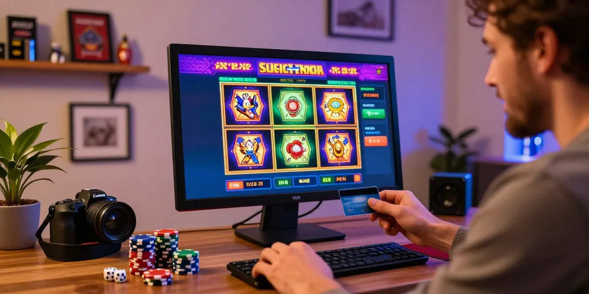 Player enjoying online slots with credit card at being-there.org.uk, creating a vibrant casino atmosphere.