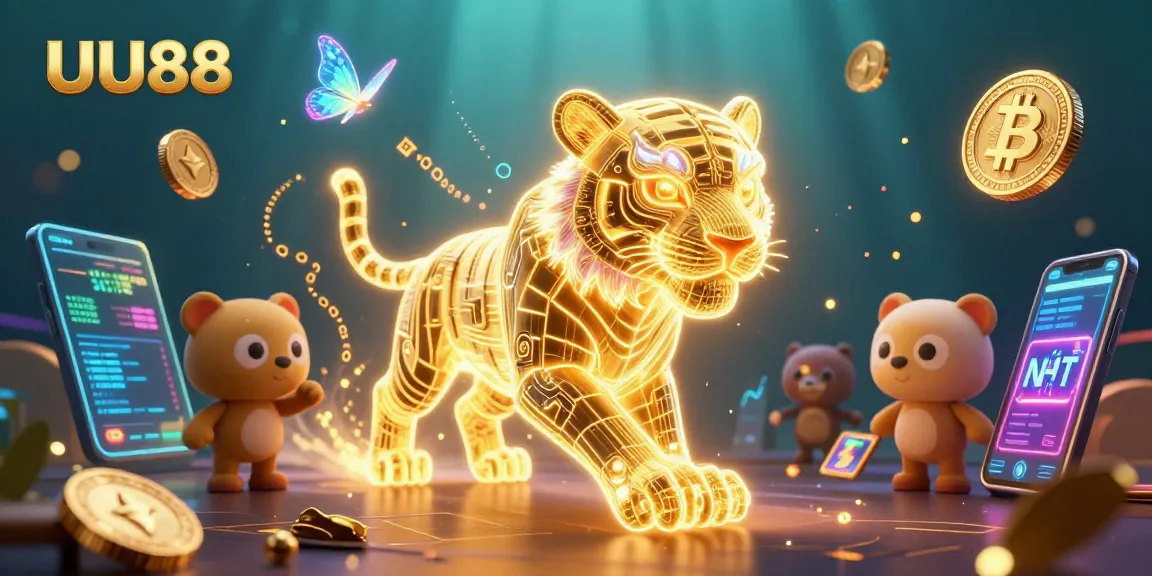 Experience excitement with UU88 in a vibrant digital casino landscape featuring a neon golden tiger and dynamic Bitcoin elements.