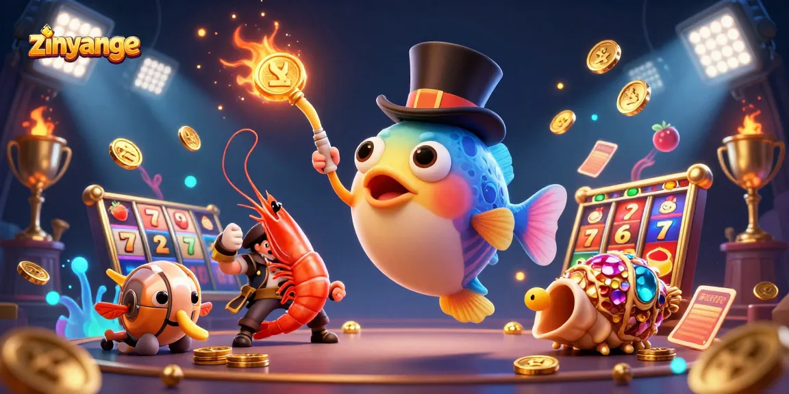 Jelajahi dunia zinyange dengan ilustrasi ceria slot dan karakter unik dalam suasana kasino.