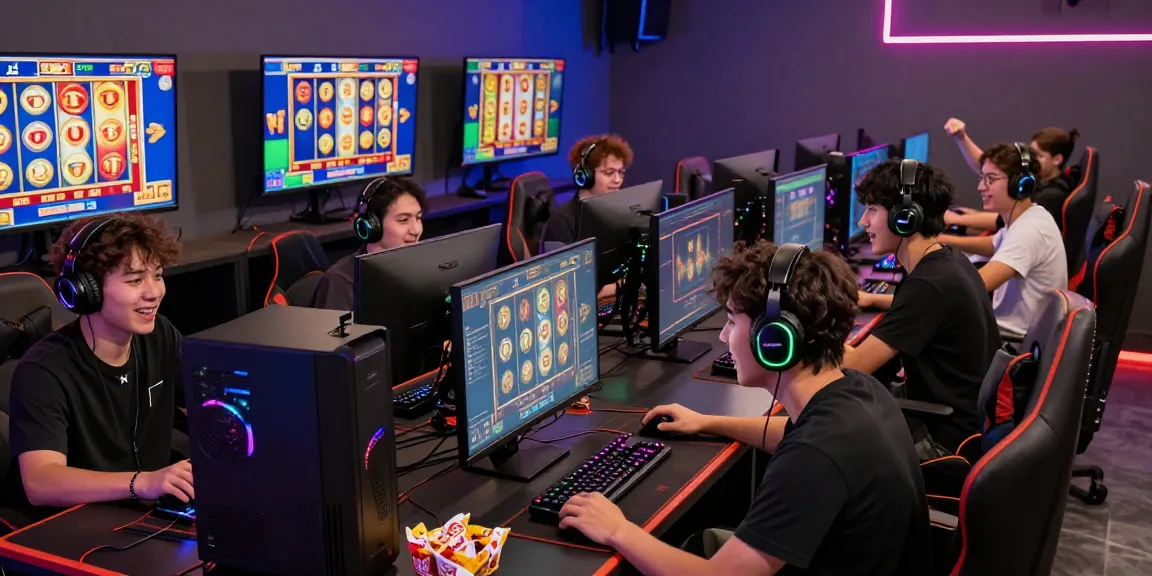 Gamers enjoying situs slot qris in a vibrant gaming hub with modern setups.